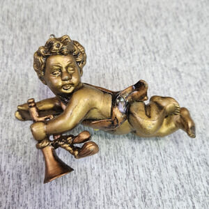 VTG 80s Gold Cherub Christmas Tree Ornament Victorian Hanging Instrument Angel